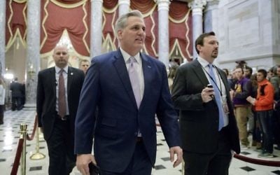 House Majority Leader Kevin McCarthy of Calif., shuttles between the chamber and House Speaker Paul Ryan's Capitol Hill office, Friday, March 24, 2017, during the debate on the Republican health care bill. (AP/J. Scott Applewhite)