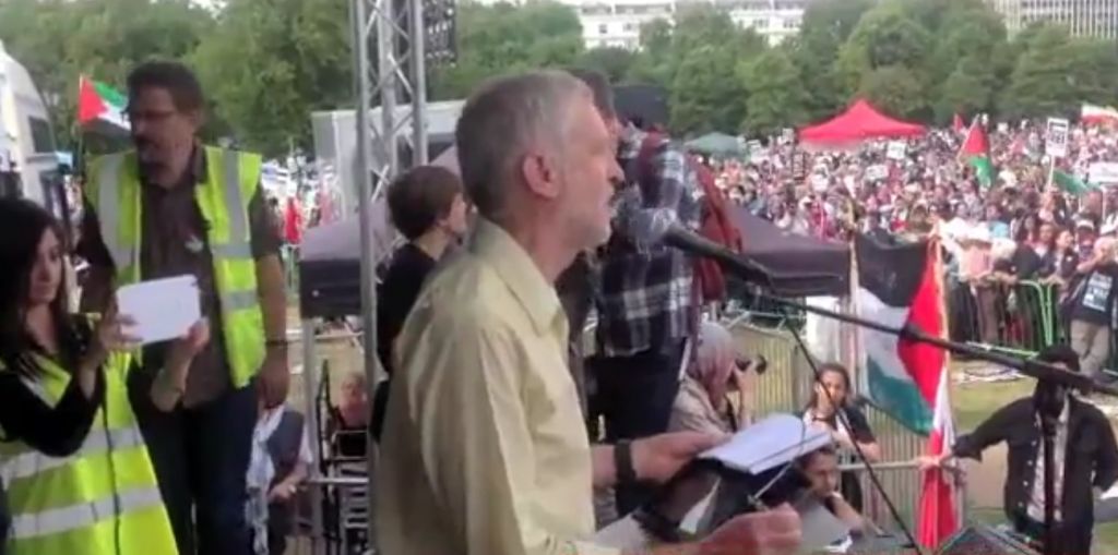 Jeremy Corbyn Speaks at a rally for Gaza in Hyde Park, London August 8, 2014. (Screen capture: YouTube) Jeremy Corbyn Speaks at a rally for Gaza in Hyde Park, London August 8, 2014. (Screen capture: YouTube)