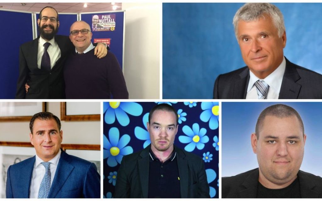 Clockwise from top left: Shneur Odze, left, and UKIP Parliament member Jonathan Arnot (Courtesy), David Lasar (Courtesy of the Freedom Party), Gidi Markuszower (Robin van Lonkhuijsen), Kent Ekeroth (Courtesy of Sweden Democrats), Michel Thooris (Courtesy of the National Front), all photos via JTA. Clockwise from top left: Shneur Odze, left, and UKIP Parliament member Jonathan Arnot (Courtesy), David Lasar (Courtesy of the Freedom Party), Gidi Markuszower (Robin van Lonkhuijsen), Kent Ekeroth (Courtesy of Sweden Democrats), Michel Thooris (Courtesy of the National Front), all photos via JTA.