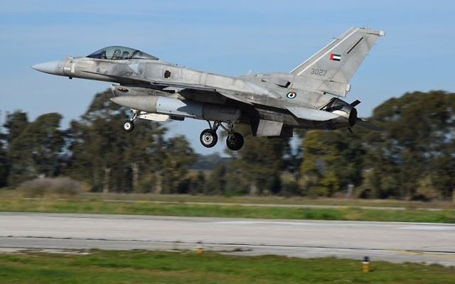 A United Arab Emirates F-16 fighter jet takes part in a Greek aerial exercise, alongside the Israeli Air Force, on March 27, 2017. (Hellenic Air Force) A United Arab Emirates F-16 fighter jet takes part in a Greek aerial exercise, alongside the Israeli Air Force, on March 27, 2017. (Hellenic Air Force)