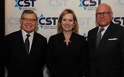 L-R Gerald Ronson, Amber Rudd, Lloyd Dorfman at the CST annual dinner March 1, 2017, (Courtesy CST)