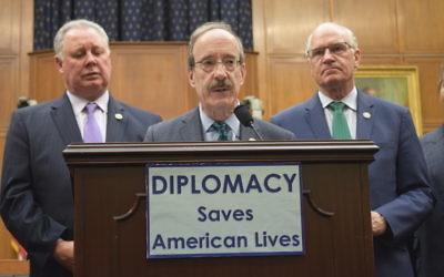 Rep. Eliot Engel of New York speaking at a news conference held by Democrats on the House Foreign Affairs Committee criticizing the Trump administration’s proposed cuts to foreign spending, March 16, 2017. Engel is joined by Reps. Albio Sires, left, of New Jersey, and William Keating of Massachusetts. (HFAC-Democrats)