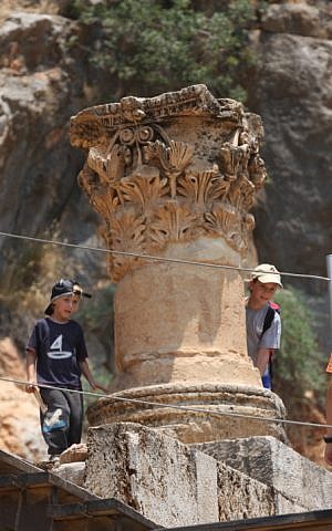 Israeli boys visit the ruins of the ancient Roman city of Paneas, in the Banyas Nature Reserve in the Golan Heights, on July 9, 2008. (Yossi Zamir/ Flash 90)