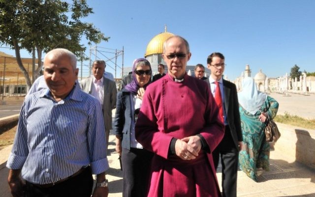 Archbishop of Canterbury and head of the Church of England Justin Welby, center, visits the Dome of the Rock shrine in Jerusalem's Old City, on June 27, 2013 (Sliman Khader/Flash90) Archbishop of Canterbury and head of the Church of England Justin Welby, center, visits the Dome of the Rock shrine in Jerusalem's Old City, on June 27, 2013 (Sliman Khader/Flash90)