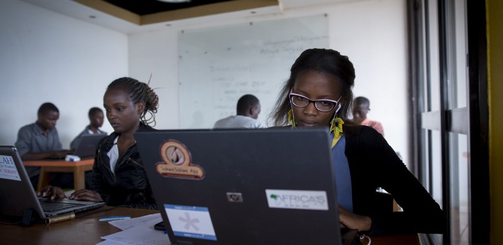 Gladys Inabeza, right, working in K-Lab in Kigali, Rwanda on February 16, 2017. Inabeza is developing an app called called “Hitamo” which means “to choose” in Kinyarwanda, a local version of Yelp. (Miriam Alster/Flash90)
