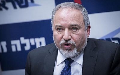 Defense Minister Avigdor Liberman leads a faction meeting at the Knesset on February 27, 2017. (Yonatan Sindel/Flash90) 