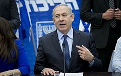 Prime Minister Benjamin Netanyahu leads a Likud faction meeting in the Knesset on February 27, 2017. (Yonatan Sindel/Flash90)
