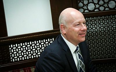 Jason Greenblatt, Donald Trump's special representative for international negotiations, in the West Bank city of Ramallah on March 14, 2017 (Flash90)