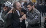 Ultra-Orthodox Jews protest against the jailing of a Jewish seminary student who failed to comply with an army recruitment order, Jerusalem, March 15, 2017. (Yonatan Sindel/Flash90)