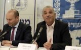 Finance Minister Moshe Kahlon, right, and Israeli Minister of Education Minister Naftali Bennett attend a press conference in Tel Aviv on March 19, 2017. (Tomer Neuberg/Flash90)