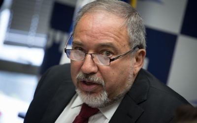 Defense Minister and Yisrael Beytenu chair Avigdor Liberman leads his party's weekly faction meeting at the Knesset, March 20, 2017. (Hadas Porush/Flash90)
