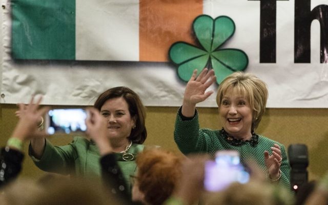 Hillary Clinton waves as she arrives at the Society of Irish Women's annual dinner on St. Patrick's Day in her late father's hometown in Scranton, Pa., Friday, March 17, 2017. (AP Photo/Matt Rourke)