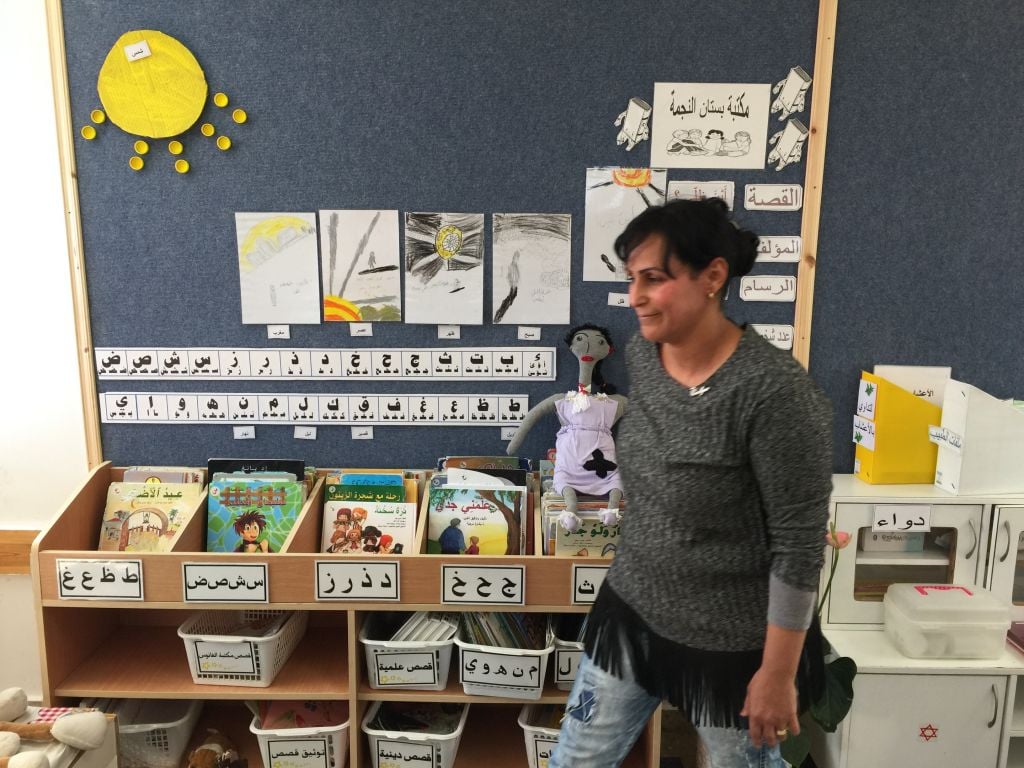 xxx, the energetic teacher who loves the teaching opportunities brought to her classroom by Maktabat al-Fanoos (Jessica Steinberg/Times of Israel)