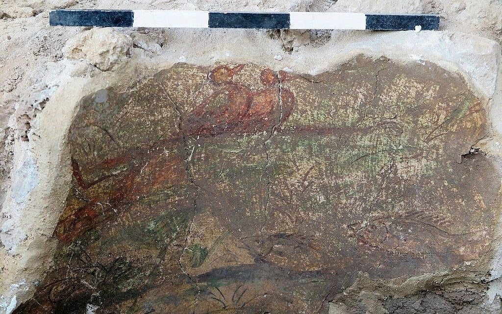 A portion of a Roman-era fresco found during excavations at Omrit, north of the Hula Valley, in June 2016. (Courtesy of Daniel Schowalter) A portion of a Roman-era fresco found during excavations at Omrit, north of the Hula Valley, in June 2016. (Courtesy of Daniel Schowalter)