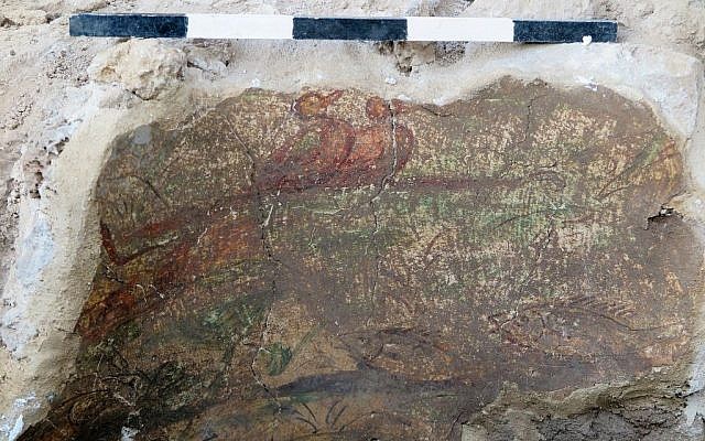A portion of a Roman-era fresco found during excavations at Omrit, north of the Hula Valley, in June 2016. (Courtesy of Daniel Schowalter)