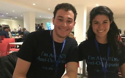 Ben Gellman and Brooke Davies of J Street U. (Cathryn J. Prince/Times of Israel)