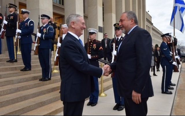 US Secretary of Defense James Mattis (L) greets Defense Minister Avigdor Liberman upon his arrival at the Pentagon on March 7, 2017. (Courtesy: Ariel Hermoni/Defense Ministry) US Secretary of Defense James Mattis (L) greets Defense Minister Avigdor Liberman upon his arrival at the Pentagon on March 7, 2017. (Courtesy: Ariel Hermoni/Defense Ministry)
