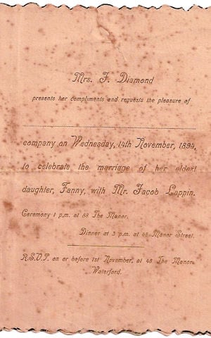 Invitation to wedding of Jacob Lappin and Fanny Diamond in Waterford, Ireland on November 14, 1894 (Courtesy)