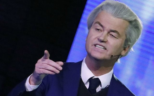 Right-wing populist leader Geert Wilders points at Dutch Prime Minister Mark Rutte during a national televised debate, the first head-to-head meeting of the two political party leaders since the start of the election campaign, at Erasmus University in Rotterdam, Netherlands, Monday, March 13, 2017. (Yves Herman POOL via AP)