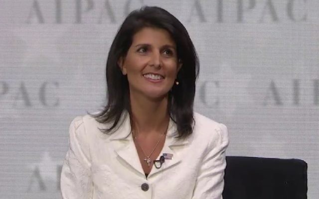 US ambassador to the United Nations Nikki Haley speaks at the 2017 AIPAC Policy Conference at the Verizon Center in Washington, DC on March 27, 2017 (screen capture) US ambassador to the United Nations Nikki Haley speaks at the 2017 AIPAC Policy Conference at the Verizon Center in Washington, DC on March 27, 2017 (screen capture)