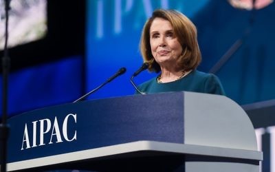 House Minority Leader Nancy Pelosi, a Democrat, addresses AIPAC's 2017 Policy Conference at the Washington Convention Center on March 28, 2017 (courtesy)