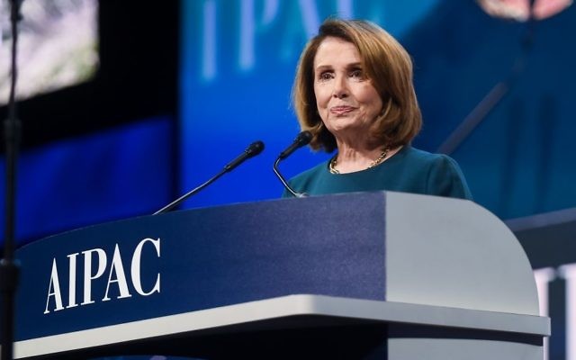 House Minority Leader Nancy Pelosi, a Democrat, addresses AIPAC's 2017 Policy Conference at the Washington Convention Center on March 28, 2017 (courtesy) House Minority Leader Nancy Pelosi, a Democrat, addresses AIPAC's 2017 Policy Conference at the Washington Convention Center on March 28, 2017 (courtesy)