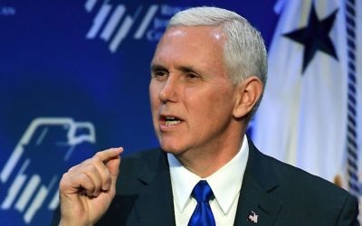 US Vice President Mike Pence speaking during the Republican Jewish Coalition’s annual leadership meeting at The Venetian Las Vegas in Las Vegas, Feb. 24, 2017. (Ethan Miller/Getty Images)