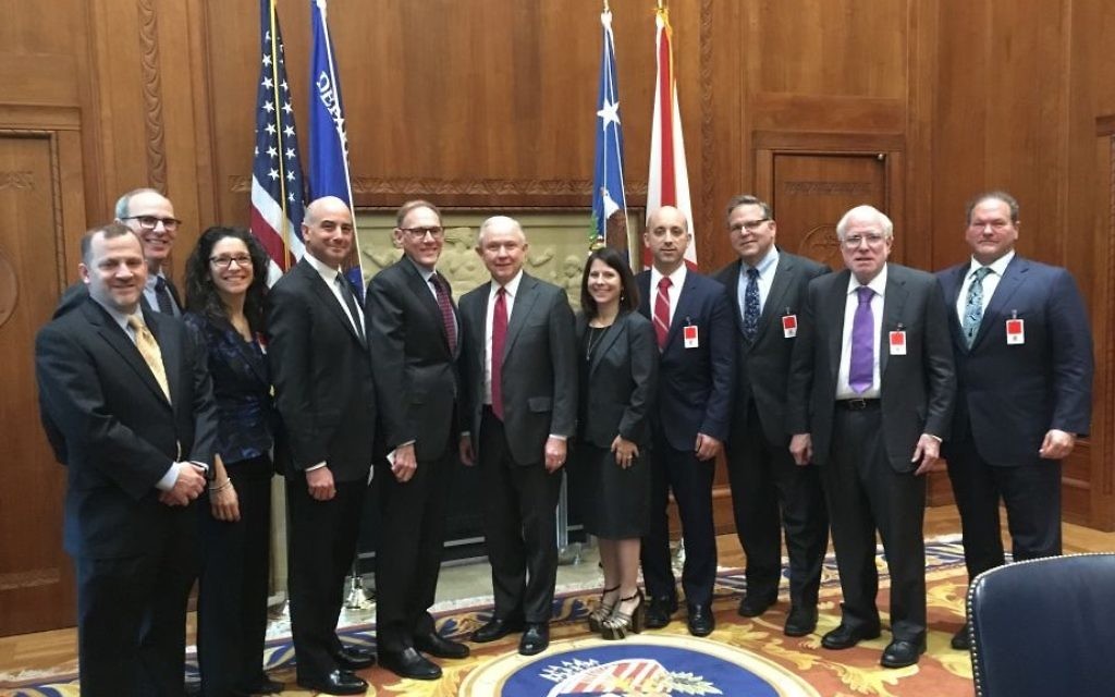 US Attorney General Jeff Sessions (C)  meets with a delegation of Jewish leaders at the US Department of Justice in Washington D.C. on March 30, 2017.  (JCC Association of North America)