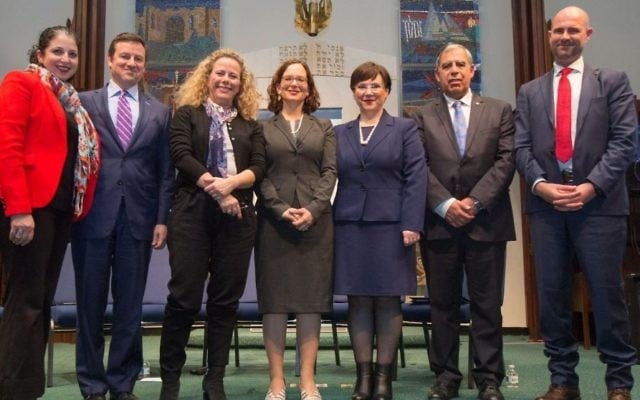 From left to right: Shira Ruderman, director of the Ruderman Family Foundation; Jay Ruderman, president of the Ruderman Family Foundation; MK Ayelet Nahmias Verbin; MK Rachel Azaria; MK Tali Ploskov; MK Mickey Levy; MK Amir Ohana at a town hall meeting with the Boston-area Jewish community, March 29, 2017. (Eric Haynes)