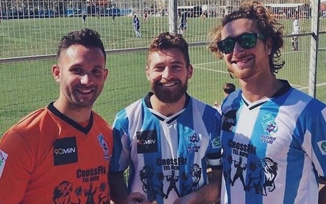 Defender Sam Sank, center, and teammates at a soccer pitch in Tel Aviv, Feb. 16, 2017. (Courtesy of Inter Aliyah Club)