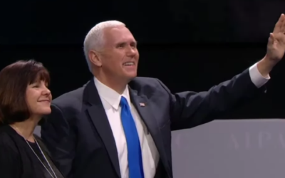 Vice President Mike Pence, with wife Karen, waves to the crowd before addressing the AIPAC policy conference in Washington DC, March 26, 2017 (AIPAC screen capture)