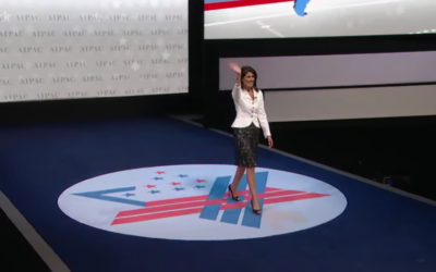 US Ambassador to the UN Nikki Haley acknowledges the applause as she arrives to speak at the AIPAC policy conference in Washington, DC, March 27, 2017 (AIPAC screenshot)