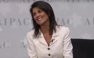 US Ambassador to the UN Nikki Haley reacts to applause at the end of her appearance at the AIPAC policy conference in Washington, DC, March 27, 2017 (AIPAC screenshot)