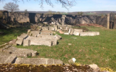 A screenshot from the destruction in March 2017 at a Jewish cemetery in Waldwisse, France, where 40 of 50 headstone were found smashed or toppled. (Twitter via JTA)