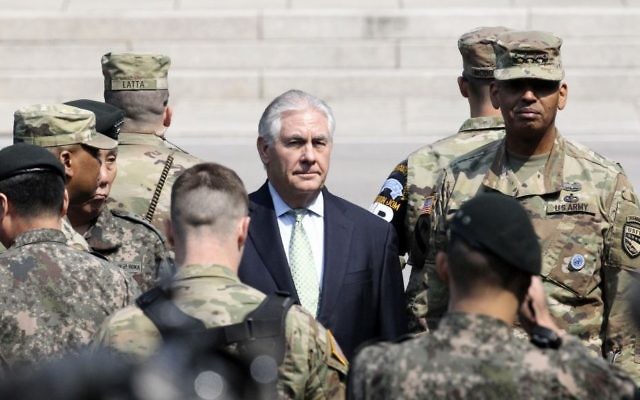 US Secretary of State Rex Tillerson, center, visits with US Gen. Vincent K. Brooks, commander of the United Nations Command, Combined Forces Command and United States Forces Korea, right, at the border village of Panmunjom, which has separated the two Koreas since the Korean War, South Korea, Friday, March 17, 2017. (Lee Jin-man/AP) US Secretary of State Rex Tillerson, center, visits with US Gen. Vincent K. Brooks, commander of the United Nations Command, Combined Forces Command and United States Forces Korea, right, at the border village of Panmunjom, which has separated the two Koreas since the Korean War, South Korea, Friday, March 17, 2017. (Lee Jin-man/AP)