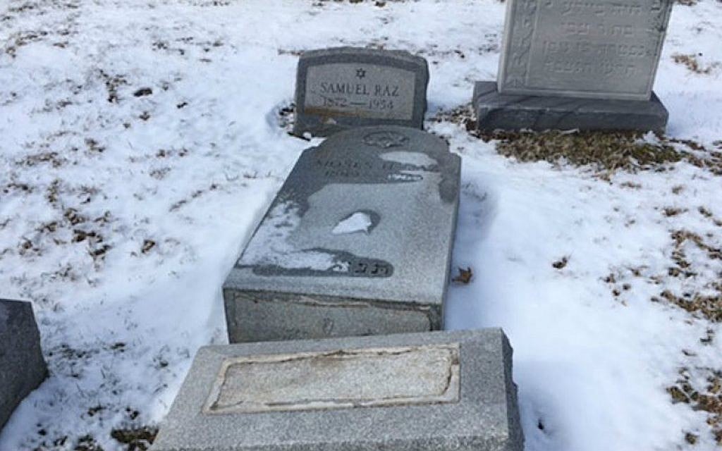 Headstones were toppled at the Waad Hakolel Cemetery, also known as the Stone Road Cemetery, in Rochester, NY. March, 2017 (Courtesy of News 10 NBC WHEC/via JTA) Headstones were toppled at the Waad Hakolel Cemetery, also known as the Stone Road Cemetery, in Rochester, NY. March, 2017 (Courtesy of News 10 NBC WHEC/via JTA)