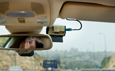 The "Mobileye" mounted on a car windshield, May 27, 2015. (Shai/FLASH90)
