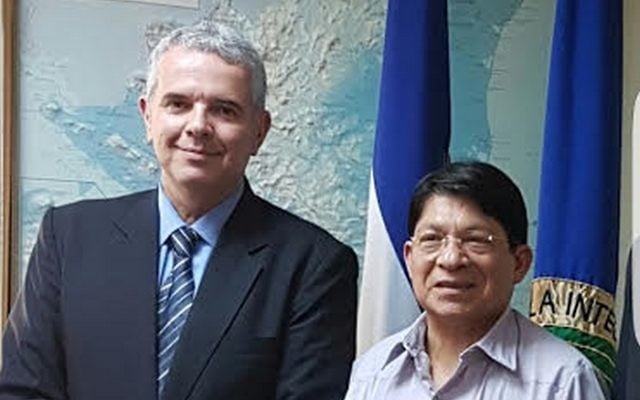 Nicaragua’s Foreign Minister Denis Moncada Colindres, right, with the Israeli Foreign Ministry’s deputy director general for Latin America, Modi Ephraim, in Managua, March 2017. (Courtesy Foreign Ministry of Nicaragua) Nicaragua’s Foreign Minister Denis Moncada Colindres, right, with the Israeli Foreign Ministry’s deputy director general for Latin America, Modi Ephraim, in Managua, March 2017. (Courtesy Foreign Ministry of Nicaragua)