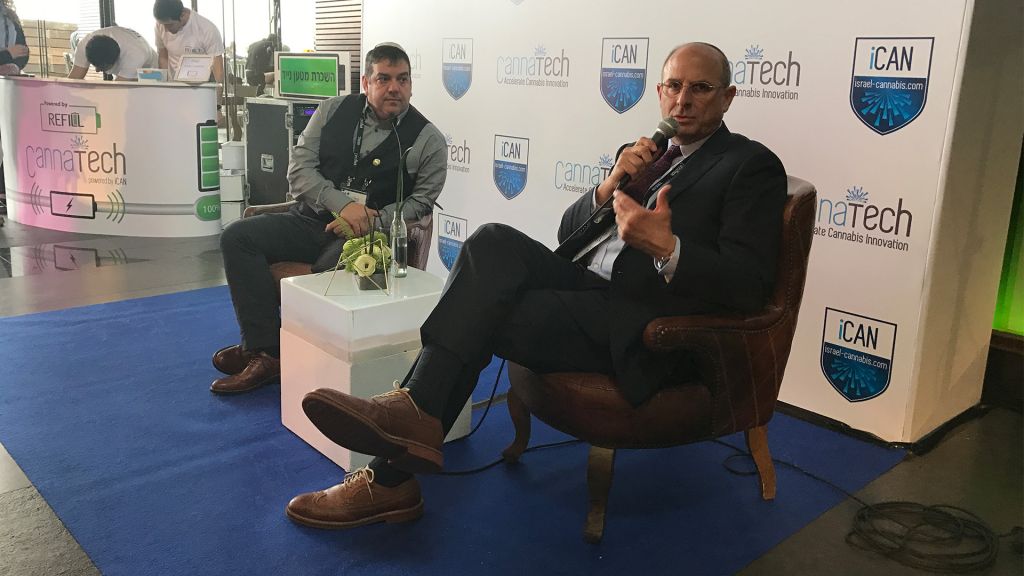 Bill Levine (R), of CannRx, and Saul Kaye (L) of iCan, at the CannaTech conference in Tel Aviv, March 20, 2017. (Luke Tress/Times of Israel) Bill Levine (R), of CannRx, and Saul Kaye (L) of iCan, at the CannaTech conference in Tel Aviv, March 20, 2017. (Luke Tress/Times of Israel)