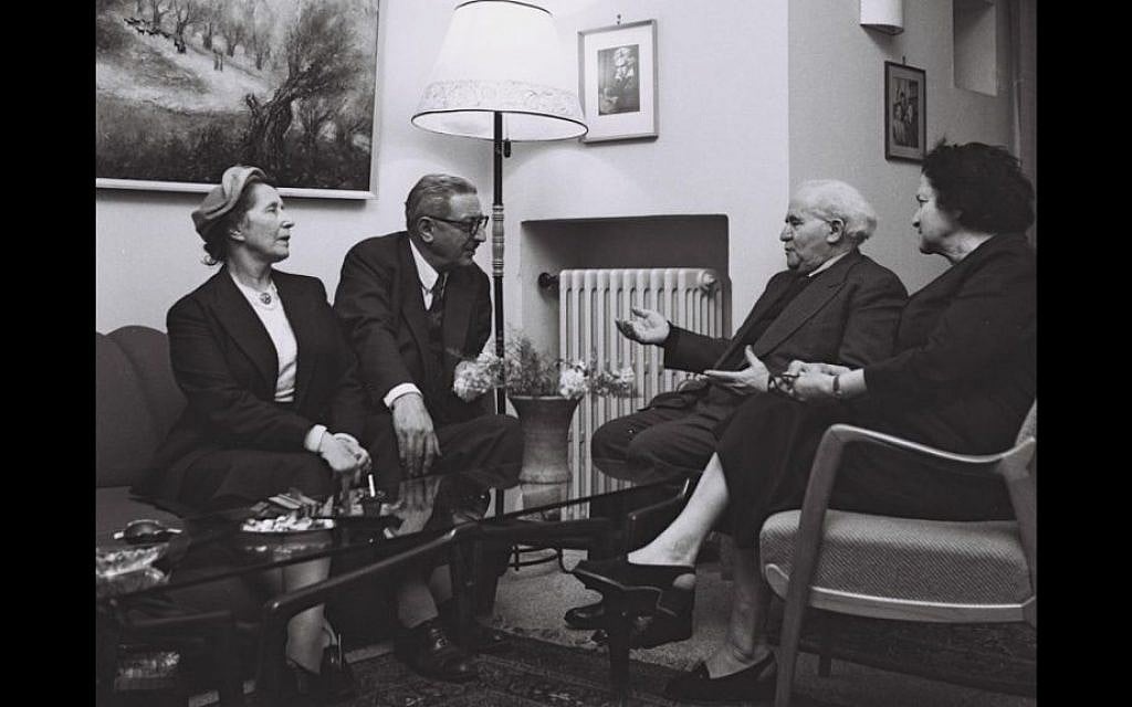 Rubinger photographed David Ben Gurion and his wife, Paula, entertaining French politician Jules Moch and his wife in 1957 (Courtesy David Rubinger/ Knesset collection)