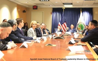 Leaders of Agudath Israel of America meet at the US Department of Education in Washington, DC, with US Education Secretary Betsy DeVos, March 8, 2017.  (Shmuel and Dov Lenchevsky via JTA)
