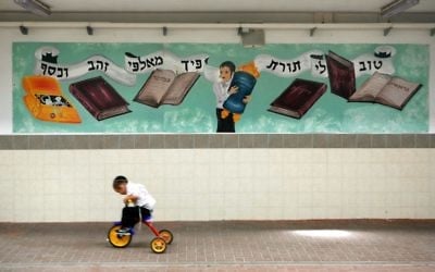 An illustrative photo of a boy riding his bike past a mural about the importance of Torah in Beitar Ilit. (Nati Shohat /Flash90)