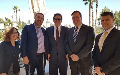 Likud MK Yehuda Glick, second left, Republican Congressman Ron DeSantis of Florida, center, and their staffs, meeting in Jerusalem on March 5, 2017. (Courtesy) Likud MK Yehuda Glick, second left, Republican Congressman Ron DeSantis of Florida, center, and their staffs, meeting in Jerusalem on March 5, 2017. (Courtesy)