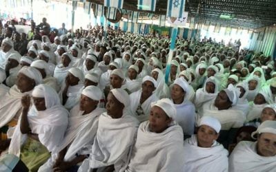 Members of Gondar's Jewish community attend gathering hosted by a cross-party delegation of Knesset members to Ethiopia, March 3, 2017. (Courtesy)