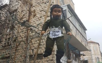 An effigy of a religious soldier in the ultra-Orthodox Jerusalem neighborhood of Mea Shearim on March 13, 2017. (Police Spokesperson)