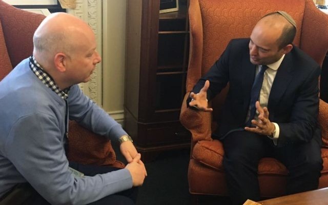 US special envoy Jason Greenblatt and Education Minister Naftali Bennett meet in Washington on March 26, 2017 (Courtesy) US special envoy Jason Greenblatt and Education Minister Naftali Bennett meet in Washington on March 26, 2017 (Courtesy)