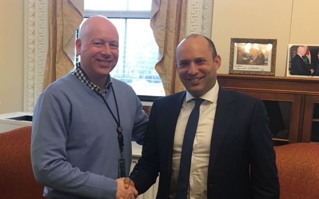 US special envoy Jason Greenblatt and Education Minister Naftali Bennett meet in Washington on March 26, 2017 (Courtesy)