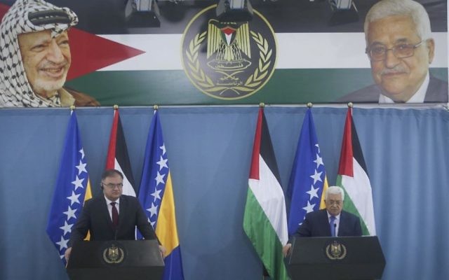 Chairman of the Presidency of Bosnia and Herzegovina Mladen Ivanić meets with Palestinian Authority President Mahmoud Abbas in the West Bank city of Ramallah, March 16, 2017. (Photo by FLASH90) Chairman of the Presidency of Bosnia and Herzegovina Mladen Ivanić meets with Palestinian Authority President Mahmoud Abbas in the West Bank city of Ramallah, March 16, 2017. (Photo by FLASH90)
