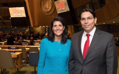 US Ambassador to the UN Nikki Haley, and Israel's UN ambassador, Danny Danon, at a conference aimed at combating BDS efforts against Israel at the UN General Assembly in New York on March 29, 2017. (Israel Mission to the UN)