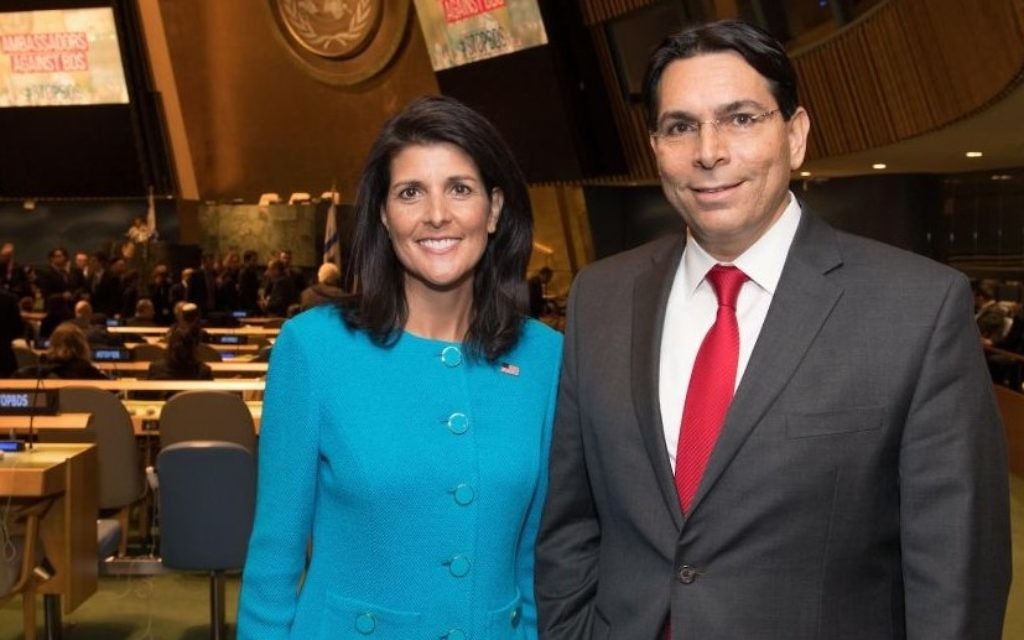 US Ambassador to the UN Nikki Haley (L) and Israel's UN Ambassador Danny Danon pose for a photo at the United Nations assembly hall on March 29, 2017. (Courtesy: Shahar Azran)